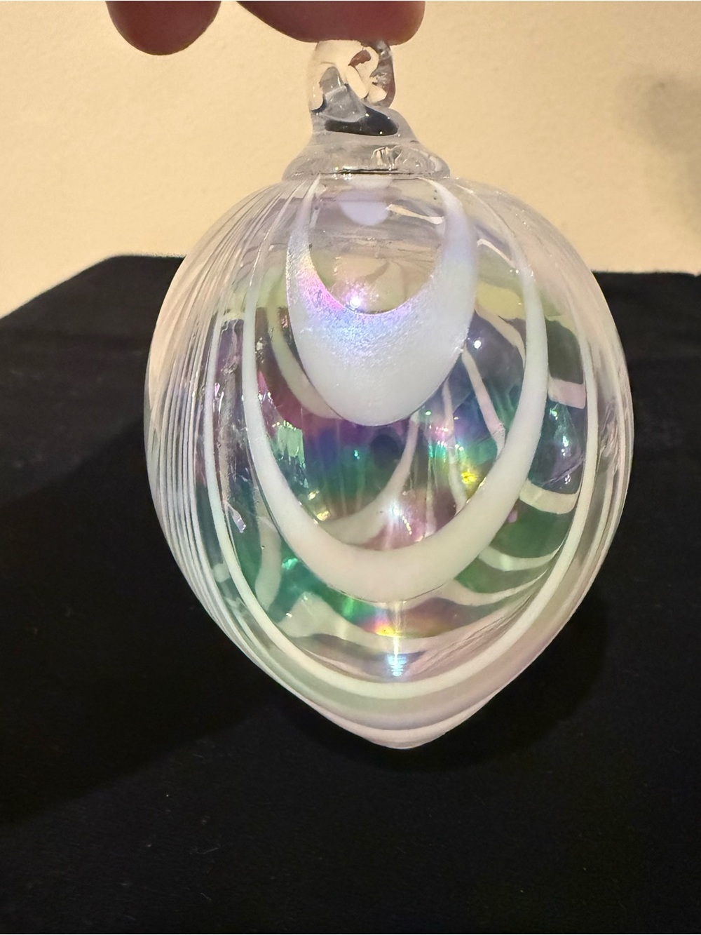 Vintage Iridescent Art Glass Teardrop Ornament White Swirl